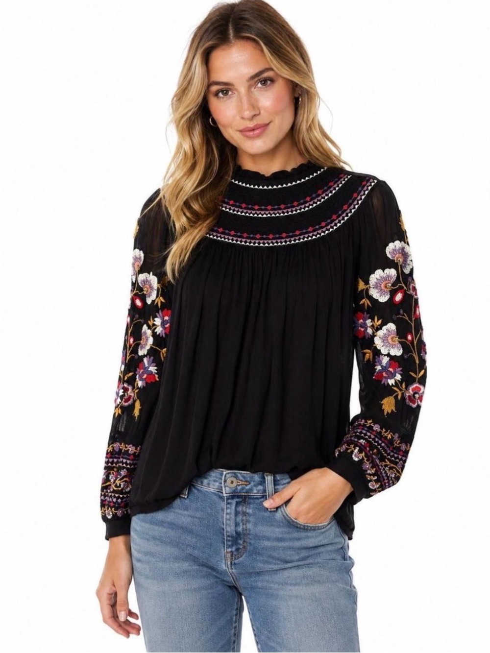 Anthropologie Black Peasant Tunic with Multicolor Floral Embroidery